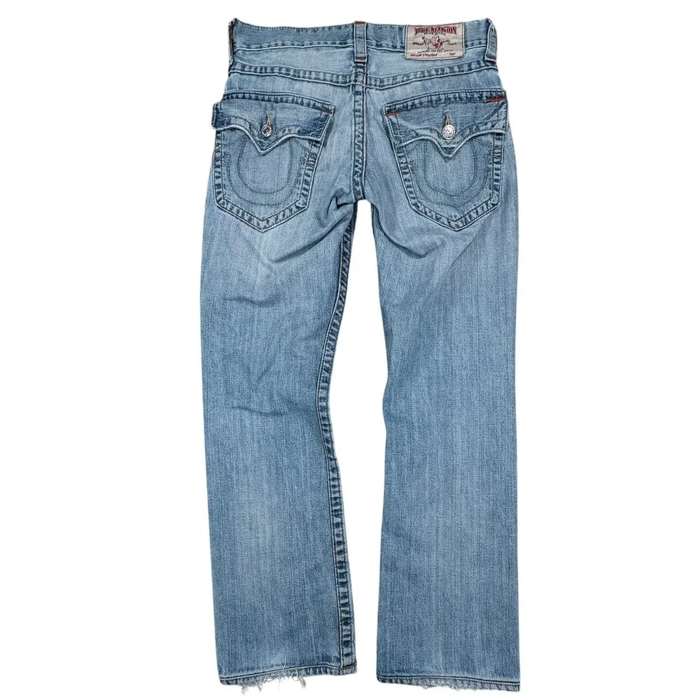 True Religion World Tour Straight Flap Jeans Mens 30 Light Wash Distressed Y2K